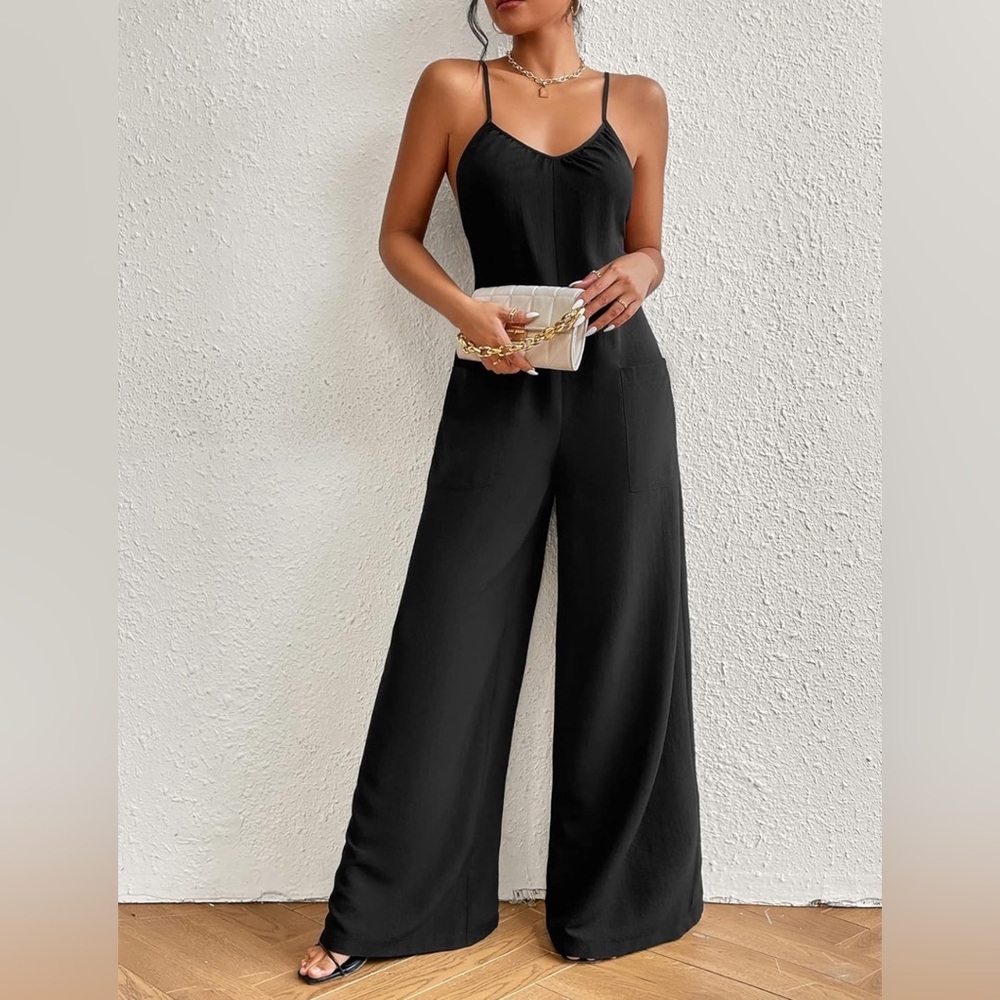V Neck Sleeveless Crisscross Backless Wide Leg Cami Jumpsuit Pants with Pocket